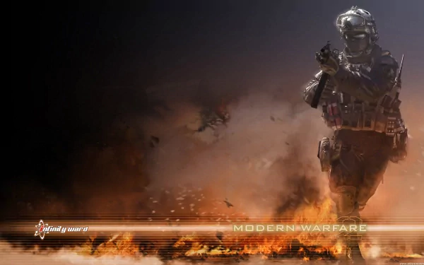HD desktop wallpaper featuring an armed soldier from Call of Duty: Modern Warfare 2 in action, set against a smoky, fiery battlefield background.