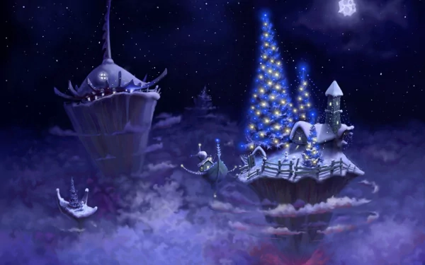 HD PC desktop wallpaper featuring a glowing Christmas tree and snowy holiday village floating among stars and clouds in a magical nighttime scene.