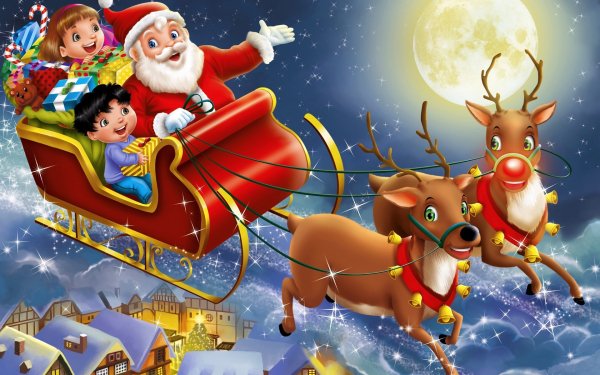 Vacances Noël Santa Sleigh Reindeer Enfant Cadeau Fond d'écran HD | Image