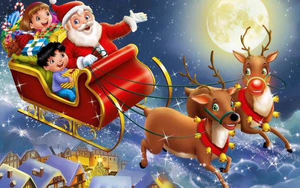 A festive HD desktop wallpaper featuring Santa Claus and two children in a sleigh pulled by reindeer, flying over a snowy village under a full moon, surrounded by holiday gifts.