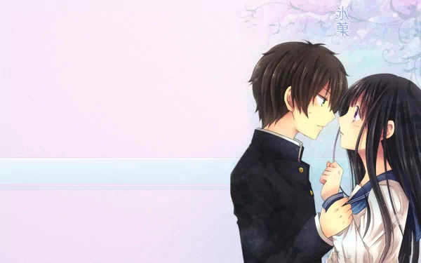 HD wallpaper featuring Eru Chitanda and Hōtarō Oreki from the anime Hyouka, set against a soft, pastel backdrop, capturing a moment of close connection.