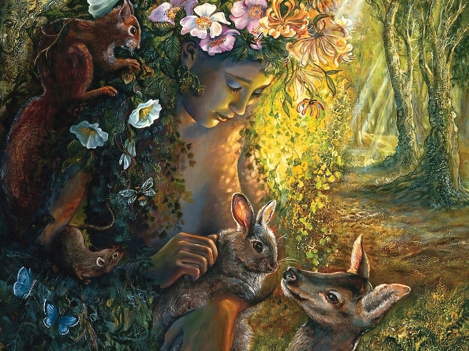 Fantasy - Women  Fantasy Woman Girl Rabbit Deer Squirrel Animal Wallpaper