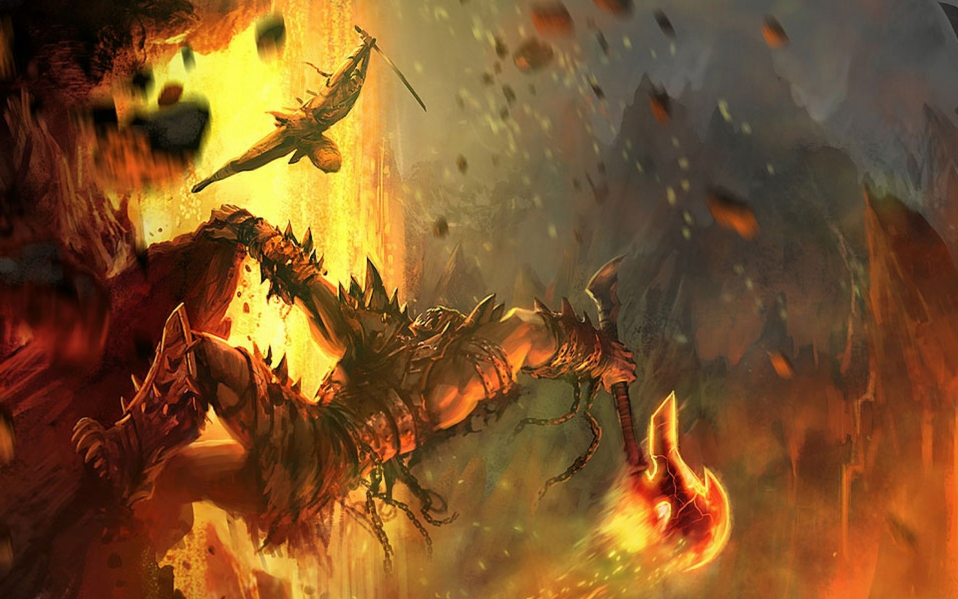 HD fantasy battle scene with a fierce dragon engulfed in flames, set against a dark, fiery background, designed as a dynamic PC desktop wallpaper.