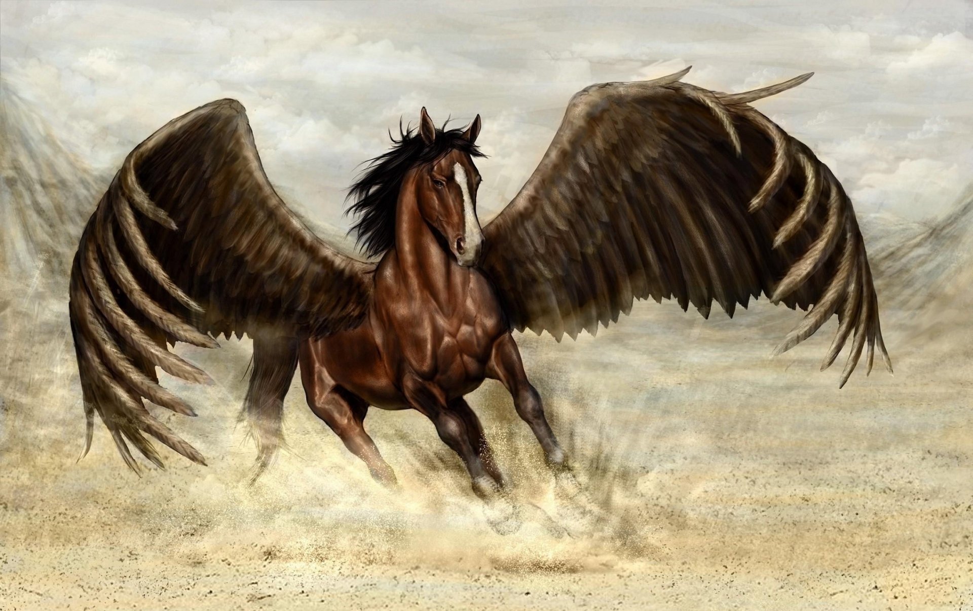 A majestic pegasus with powerful wings gallops through a sandy landscape, capturing the essence of fantasy in this HD PC desktop wallpaper and background.