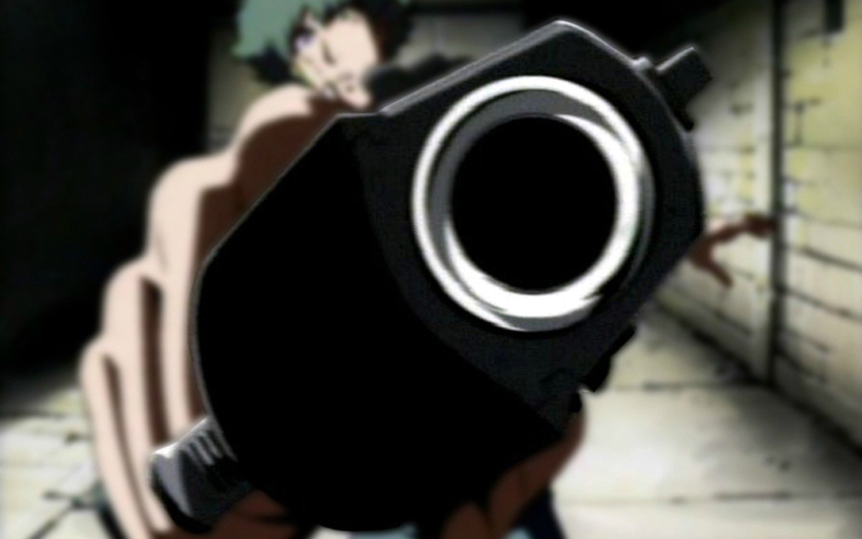 HD anime desktop wallpaper featuring Spike Spiegel from Cowboy Bebop aiming a gun directly at the viewer, set against a dimly lit, industrial background.