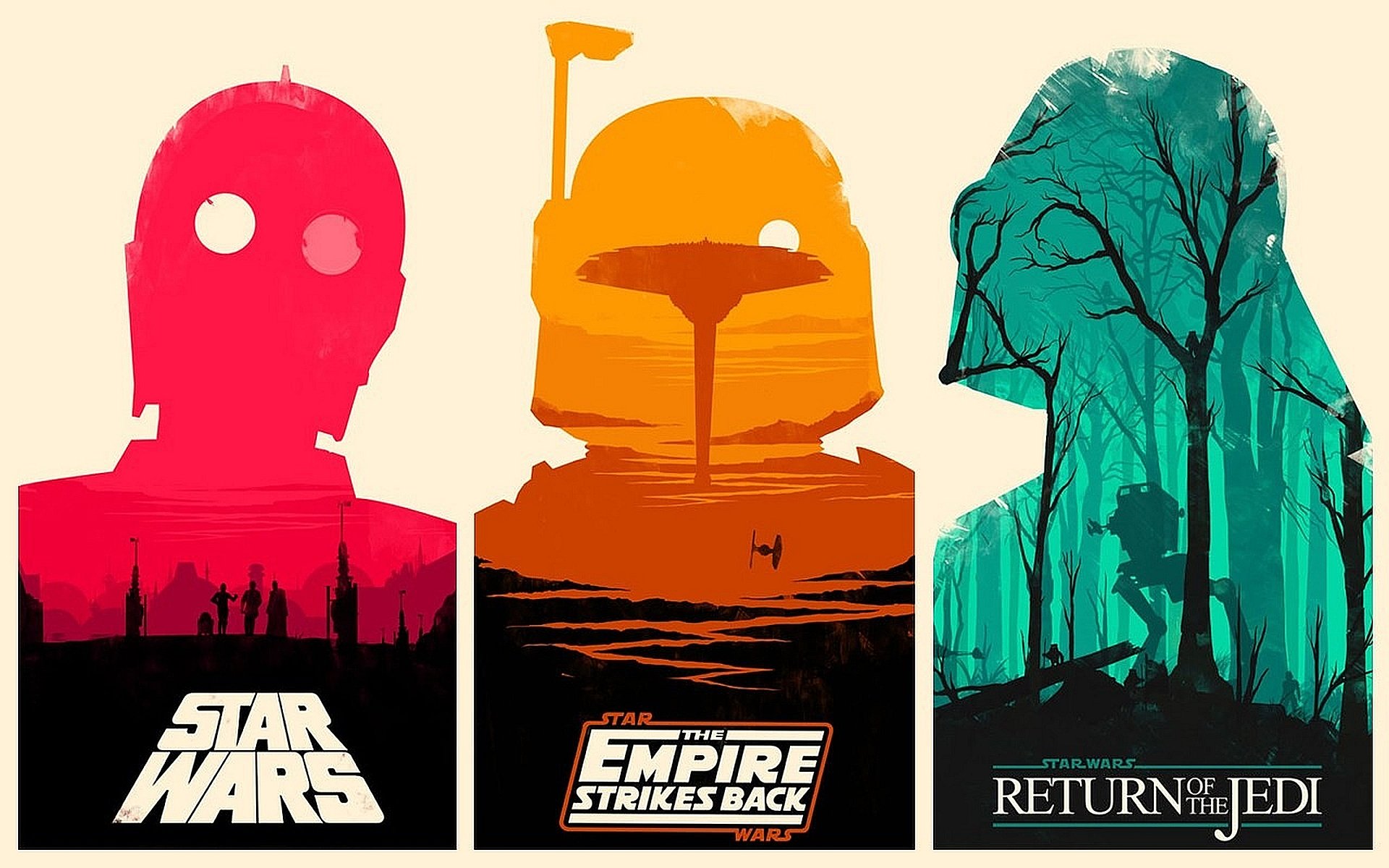 HD PC desktop wallpaper featuring stylized silhouettes of Star Wars characters C-3PO, Boba Fett, and Darth Vader with scenes from The Empire Strikes Back and Return of the Jedi.