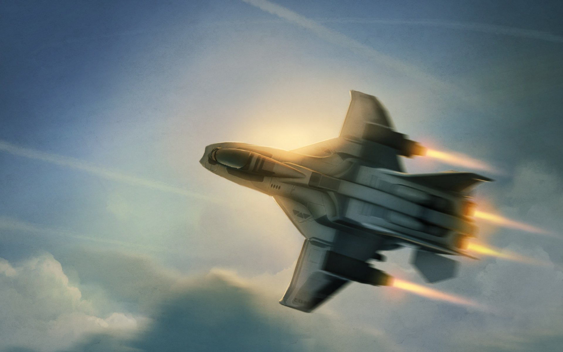 Sci-fi aircraft streaks through clouds with blazing afterburners and sun flare — 4K Ultra HD PC desktop wallpaper/background.