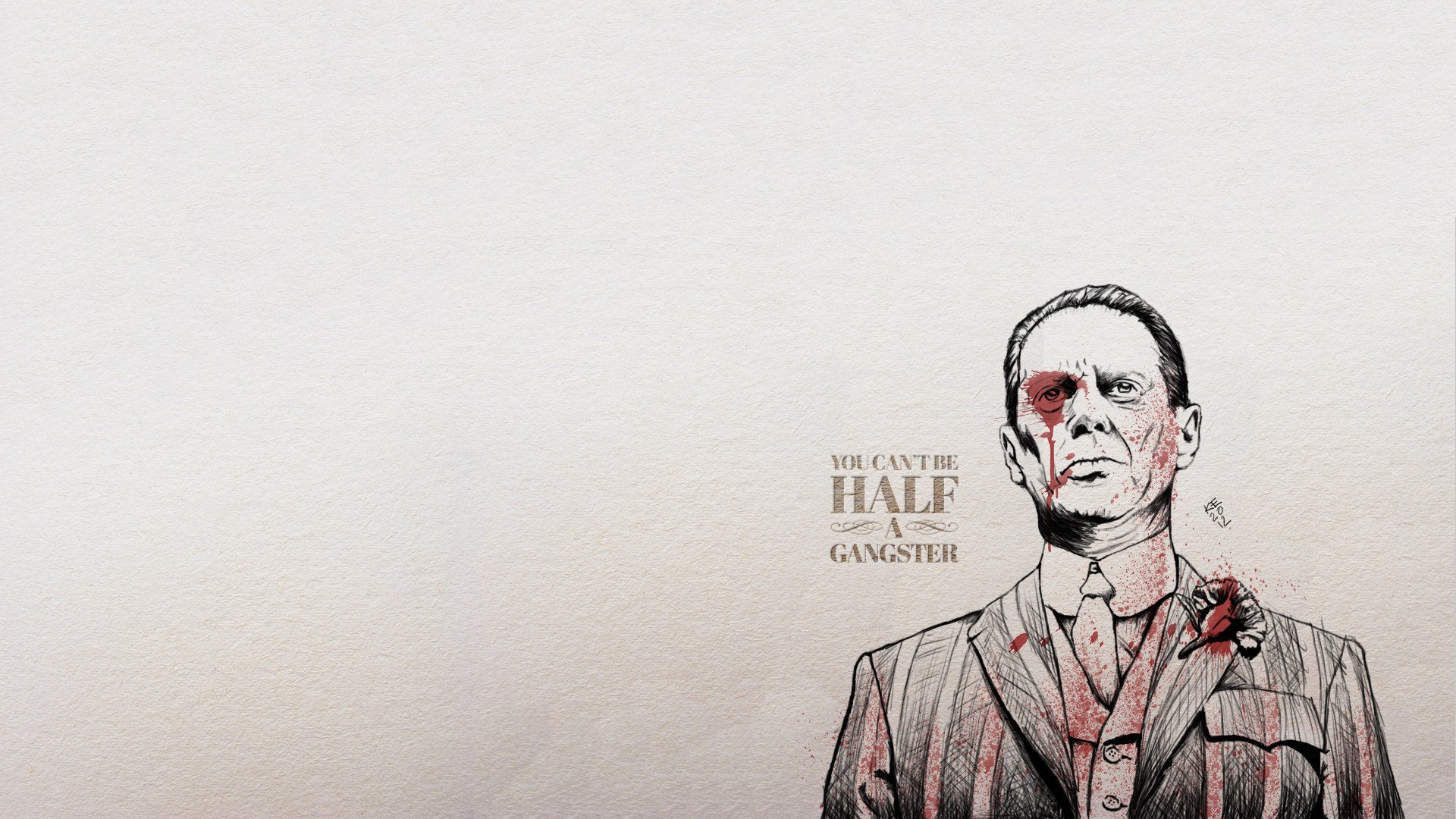 Boardwalk Empire TV show HD PC desktop wallpaper: sketch-style portrait of a pinstriped gangster on a pale background with red accents and small title text.