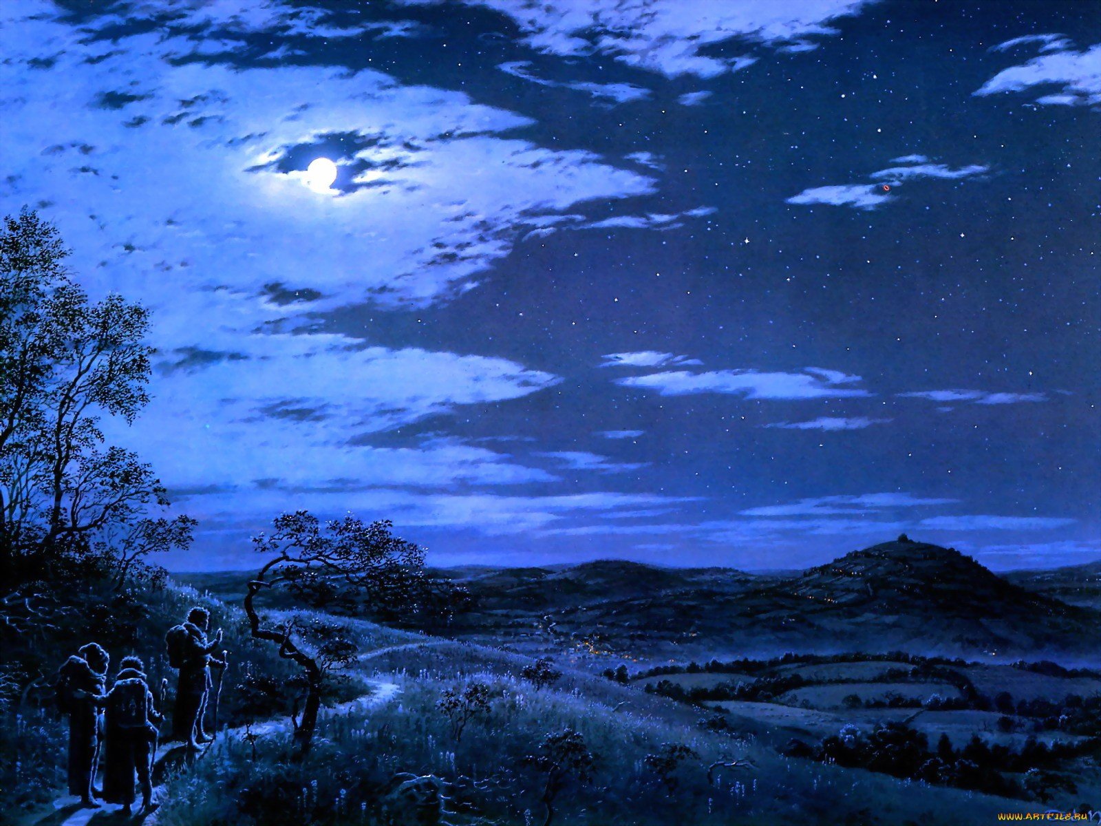 HD PC desktop wallpaper featuring a serene night landscape inspired by The Lord of the Rings, with a glowing moon, starry sky, and silhouettes of travelers in a fantasy setting.