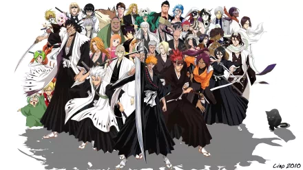 HD desktop wallpaper featuring a diverse group of characters from the anime Bleach, showcasing a wide array of dynamic poses and colorful outfits.