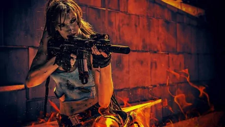 HD PC desktop wallpaper featuring a woman in cosplay, holding a detailed rifle against a fiery, industrial background.