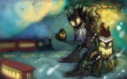 HD PC desktop wallpaper featuring Maokai from the video game League of Legends, depicted as a mystical tree creature against a softly glowing, wintry background.