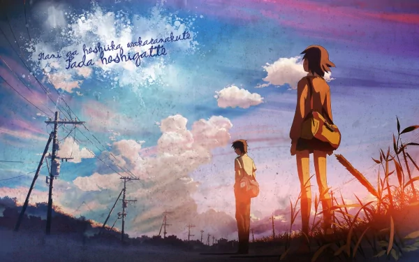 HD anime desktop wallpaper featuring characters Kanae Sumita and Takaki Touno from 5 Centimeters per Second under a vibrant, colorful sky at sunset.
