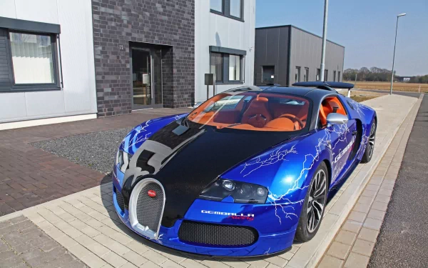 HD desktop wallpaper featuring a Bugatti Veyron with a striking blue and black design, parked in front of a modern building.