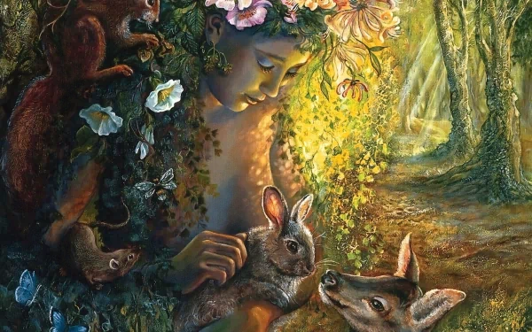 A fantasy scene features a woman surrounded by a squirrel, rabbit, and deer, intertwined with lush greenery and flowers, evoking a magical forest atmosphere.