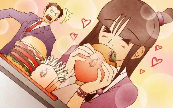 A vibrant HD wallpaper from *Phoenix Wright: Ace Attorney*, featuring characters enjoying a delicious burger and fries, with playful expressions and anime-style art.
