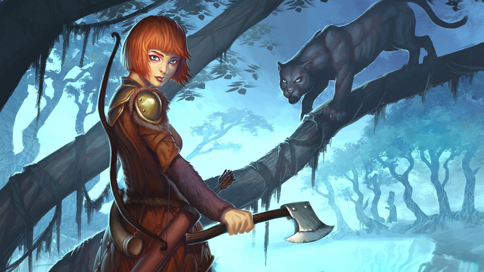 Fantasy-themed HD PC desktop wallpaper featuring a determined woman warrior in armor holding an axe, with a black panther perched on a tree branch in a misty forest.