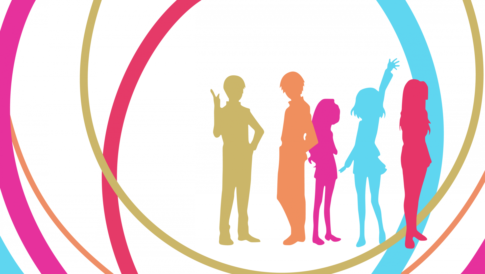 An HD desktop wallpaper featuring silhouettes of characters from the anime Toradora!, surrounded by colorful circular patterns in pink, blue, and yellow.