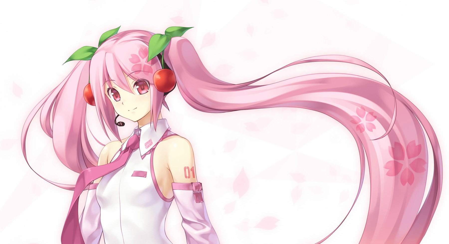 Sakura Miku, anime Vocaloid: pink twin-tails with cherry hair ornaments and sakura blossom motifs in a soft pastel scene — HD PC desktop wallpaper background