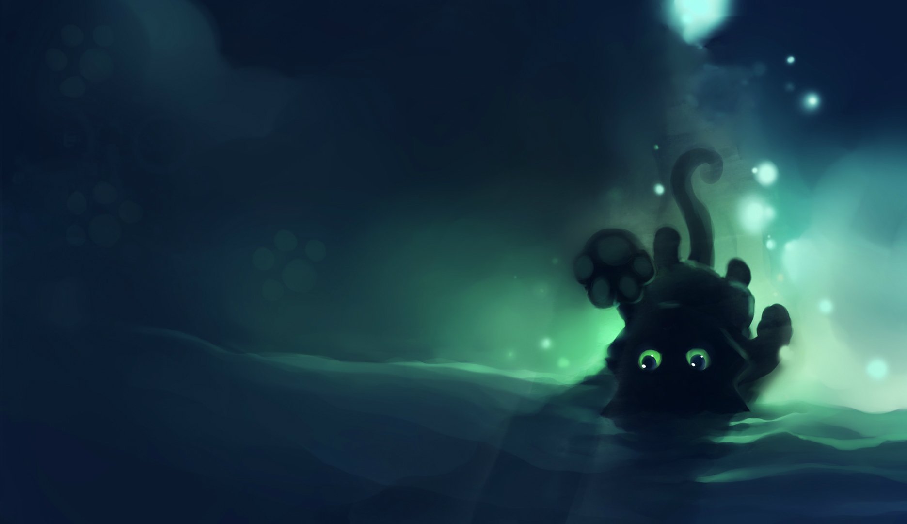 A whimsical artistic representation of an animal with glowing eyes, set against a dark, ethereal background, creating a captivating HD desktop wallpaper.