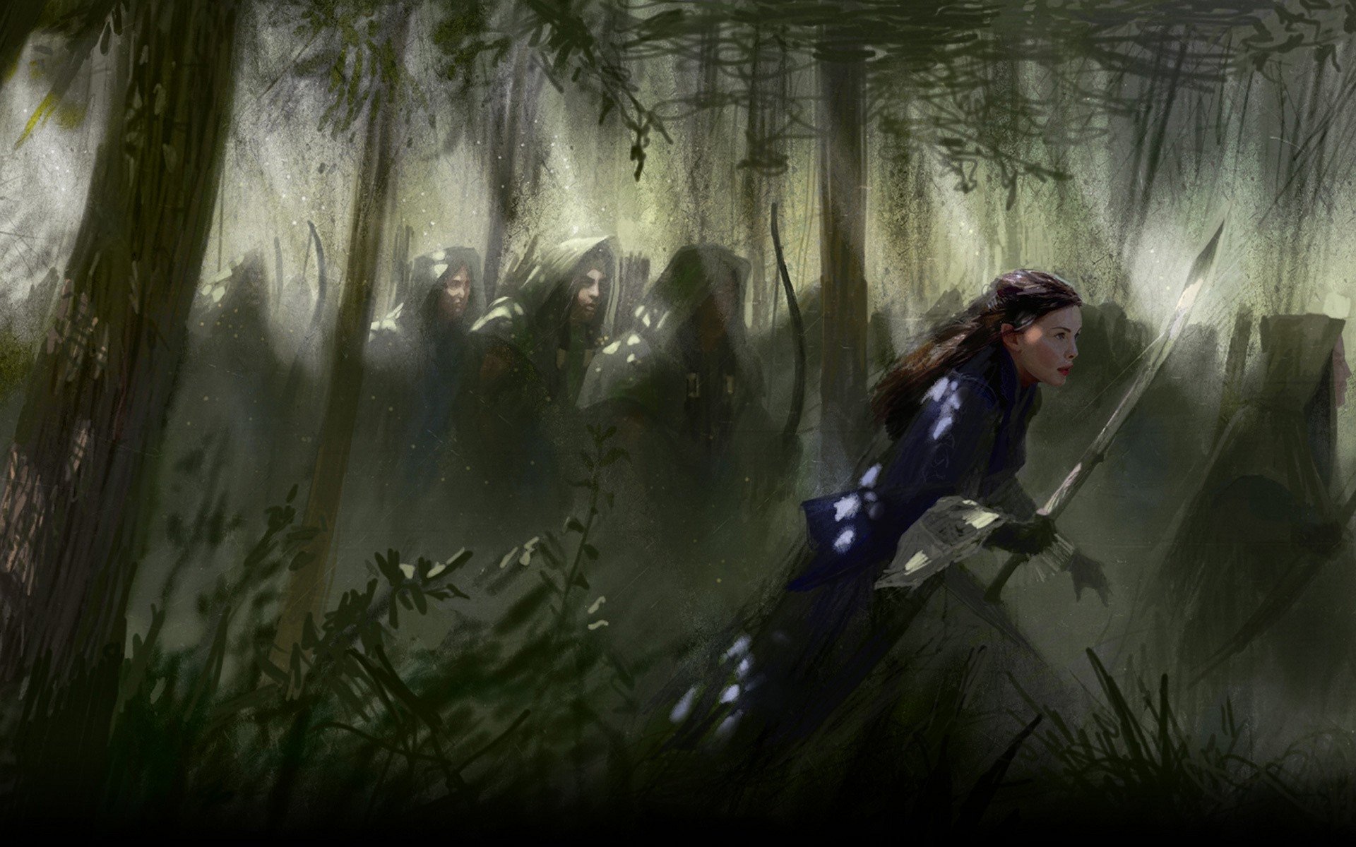A dramatic fantasy scene inspired by The Lord of the Rings, featuring a determined figure running through a shadowy forest, with mysterious silhouettes lurking in the background.