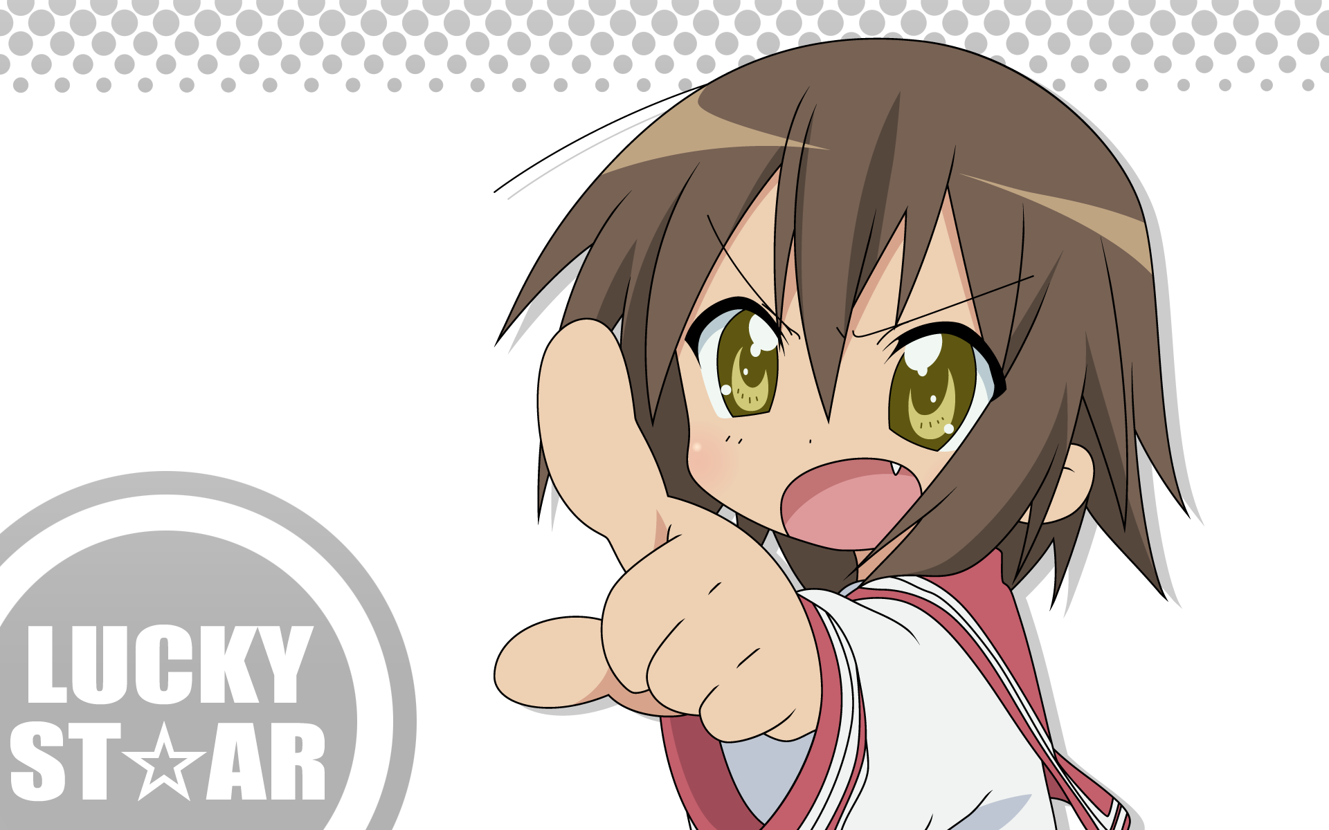 HD PC desktop wallpaper featuring Misao Kusakabe from the anime Lucky Star, depicted in a dynamic pose with a confident expression.