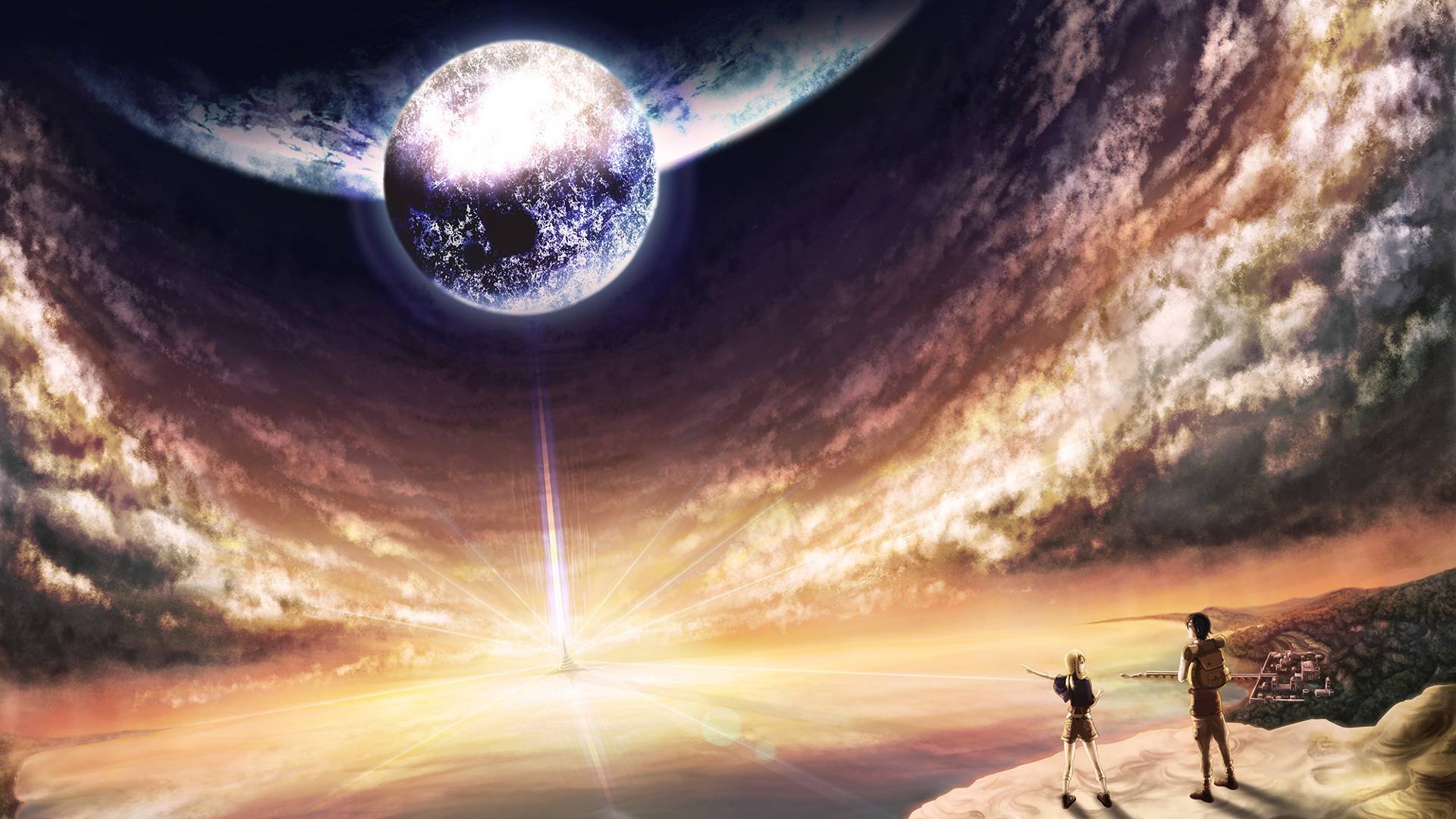 HD desktop wallpaper featuring two figures overlooking a cosmic scene with a glowing planet and beam of light, inspired by Florence and the Machine music themes.