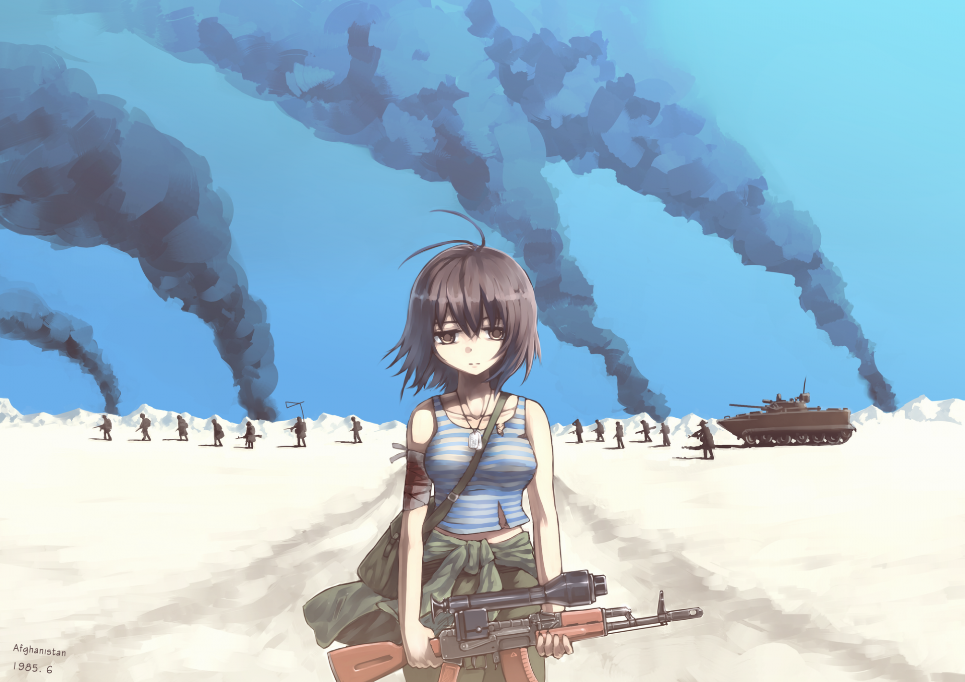 An anime woman stands in a desolate landscape, holding a weapon, with billowing smoke in the background and tanks lined up in the distance. This HD wallpaper captures a dramatic scene.