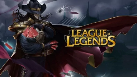 HD PC desktop wallpaper featuring Twisted Fate from League of Legends, showcasing the character with cards and a dark, stormy background.