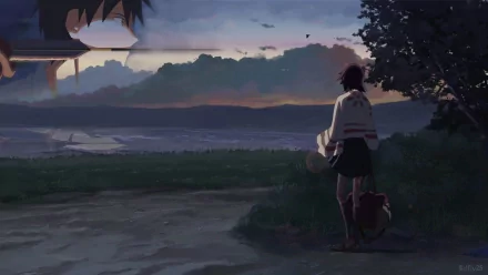 HD anime desktop wallpaper from 5 Centimeters per Second featuring Kanae Sumita and Takaki Touno in a serene, dusk-lit rural landscape.