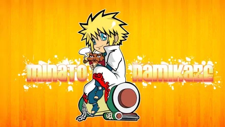 Colorful HD desktop wallpaper featuring Minato Namikaze from the anime Naruto, sitting playfully with a pet on a stylized background.