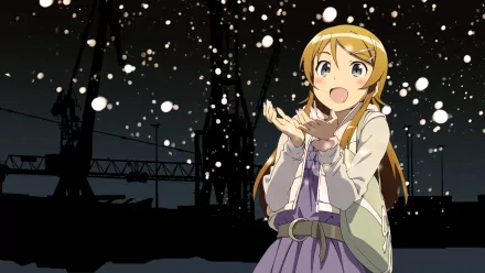 Kirino Kousaka from the anime Oreimo joyfully catches falling snowflakes, set against a backdrop of dark silhouettes and industrial cranes, creating a serene winter atmosphere.