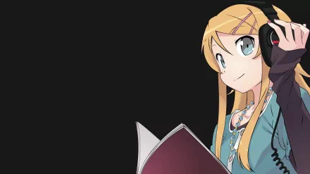 HD desktop wallpaper featuring Kirino Kousaka from the anime Oreimo, showcasing her cheerful expression while wearing headphones and holding a magazine against a dark background.