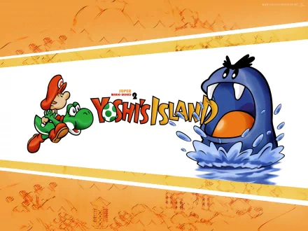 HD PC desktop wallpaper featuring Mario riding Yoshi, the title Super Mario World 2: Yoshi's Island, and a large water creature from the video game.