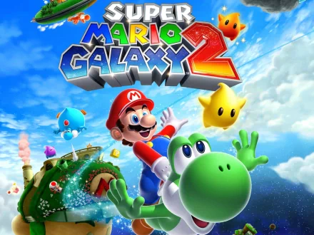 Colorful HD wallpaper featuring Mario and Yoshi from Super Mario Galaxy 2, with vibrant planets and stars set against a bright blue sky.