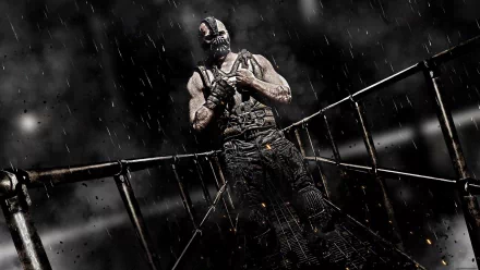 HD PC desktop wallpaper and background: Bane from the movie The Dark Knight Rises, masked muscular figure on a rain-soaked metal catwalk under dramatic, stormy lighting.