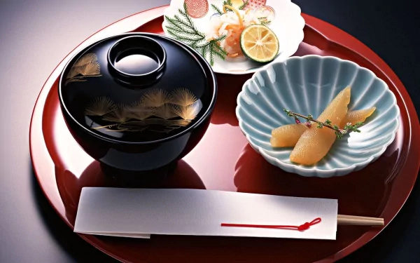 HD PC desktop wallpaper of elegant Japanese caviar and appetizers: lacquer soup bowl, scalloped dish with roe, lemon garnish and chopsticks arranged on a glossy red tray.