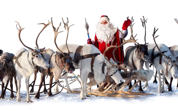 Santa Claus stands with reindeer in the snow, holding a staff and waving. The image is a festive HD desktop wallpaper and background, tagged with Santa, reindeer, holiday, and Christmas.