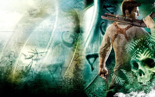 A dynamic 4K Ultra HD wallpaper featuring a character from the video game Uncharted: Drake's Fortune, set against a backdrop of intriguing symbols and lush foliage.