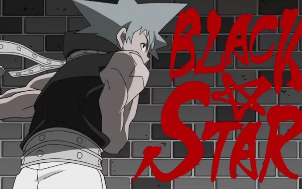 An HD desktop wallpaper featuring Black Star from the anime Soul Eater, showcasing the character with striking gray hair and bold red graphics against a brick background.