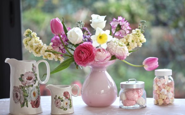 Photography Still Life Bouquet Tulip Vase Daffodil Marshmallow Ranuncula Carnation Pitcher HD Wallpaper | Background Image