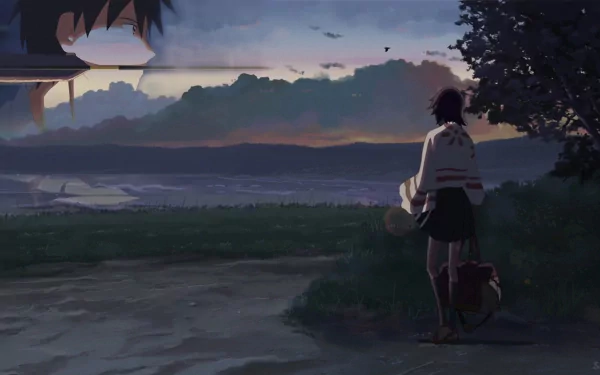 HD anime desktop wallpaper from 5 Centimeters per Second featuring Kanae Sumita and Takaki Touno in a serene, dusk-lit rural landscape.