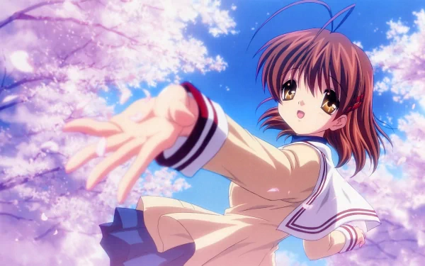 A vibrant 4K Ultra HD wallpaper featuring Nagisa Furukawa from Clannad in a school uniform, reaching out amidst beautiful cherry blossoms.