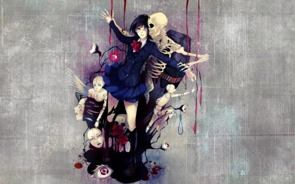 Anime-themed HD wallpaper featuring a girl in a school uniform surrounded by skeletal figures and eerie dolls, creating a striking, dark aesthetic.