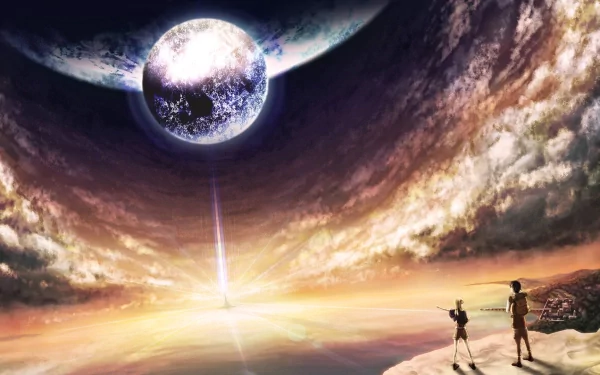 HD desktop wallpaper featuring two figures overlooking a cosmic scene with a glowing planet and beam of light, inspired by Florence and the Machine music themes.