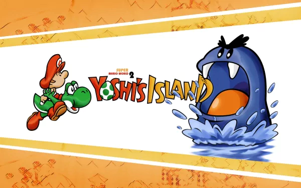 HD PC desktop wallpaper featuring Mario riding Yoshi, the title Super Mario World 2: Yoshi's Island, and a large water creature from the video game.