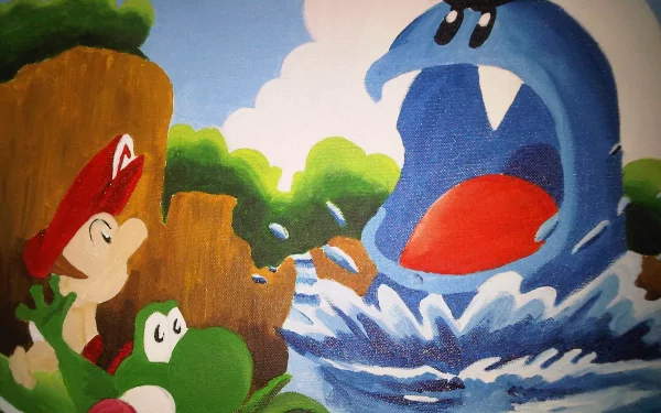 HD desktop wallpaper featuring a painted scene from Super Mario World 2: Yoshi's Island with Mario, Yoshi, and a large blue creature in a colorful landscape.