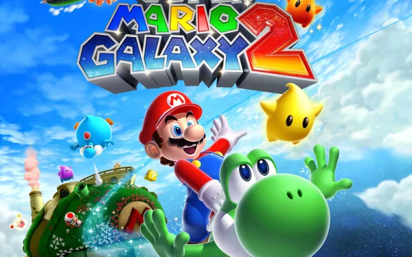 Colorful HD wallpaper featuring Mario and Yoshi from Super Mario Galaxy 2, with vibrant planets and stars set against a bright blue sky.