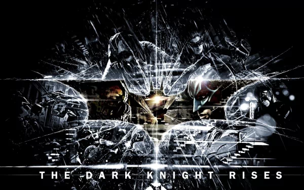 An HD desktop wallpaper featuring Batman from the movie The Dark Knight Rises, showcasing a dynamic design with striking visuals and an iconic logo.
