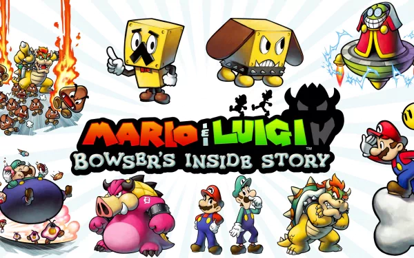 HD PC desktop wallpaper featuring Bowser, Luigi, Mario, and characters from the video game Mario & Luigi: Bowser's Inside Story in vibrant, dynamic poses.